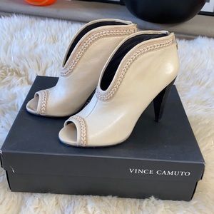 Vince Camuto Cream Peep-Toe Braided Trim Ankle Booties